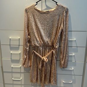 Gold/Tan sequin long sleeve short dress